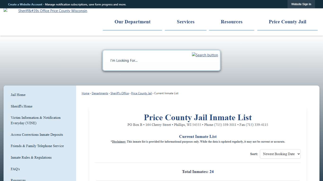 Current Inmate List Price County, WI - Official Website